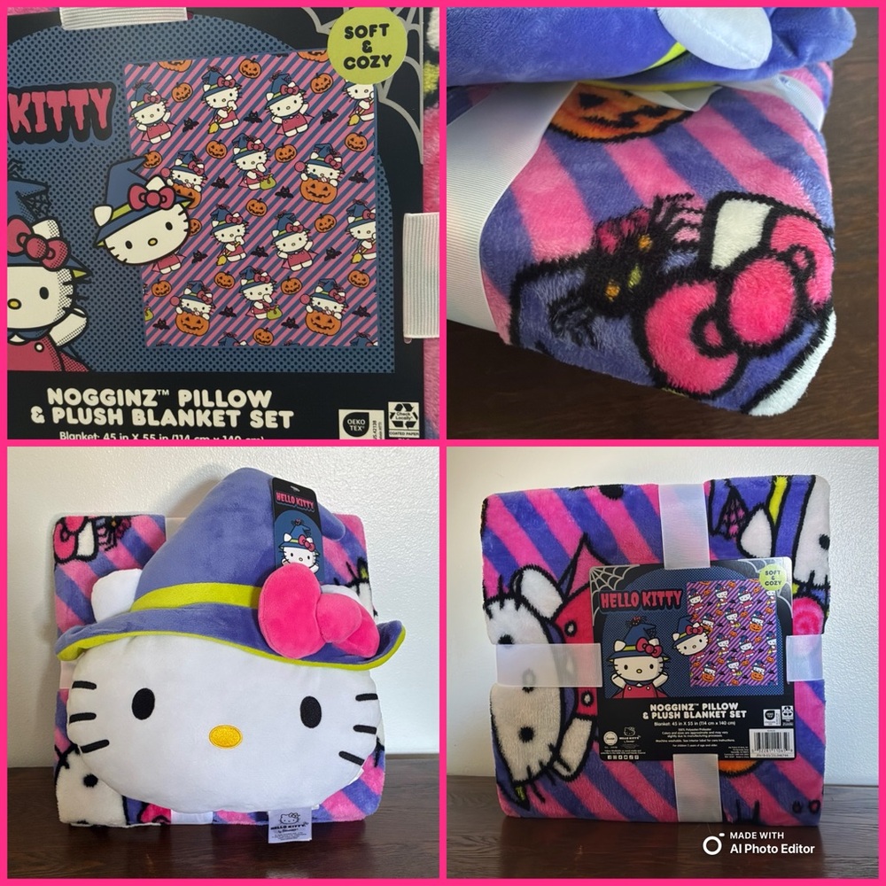 NWT- Halloween Hello Kitty Witch Hat Pillow Plush & Throw Blanket 45x55 Set